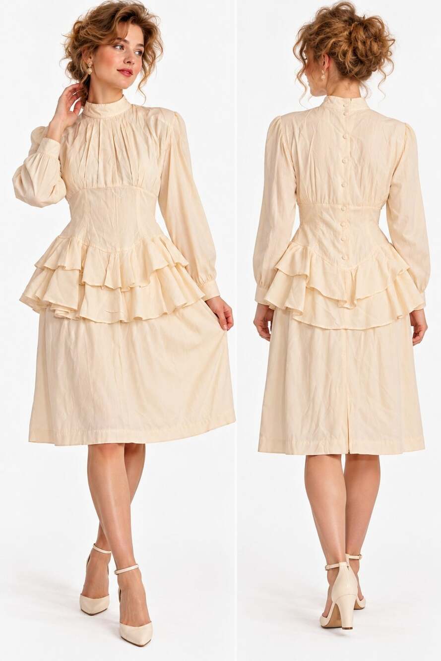 Vintage 80s 90s Rampage Ivory Cream Ruffle Peplum Dress Victorian Romantic 7/8